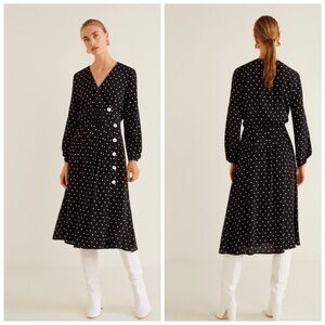 Mango MNG Polka Dot Buttoned Midi Flare Dress Black & White
